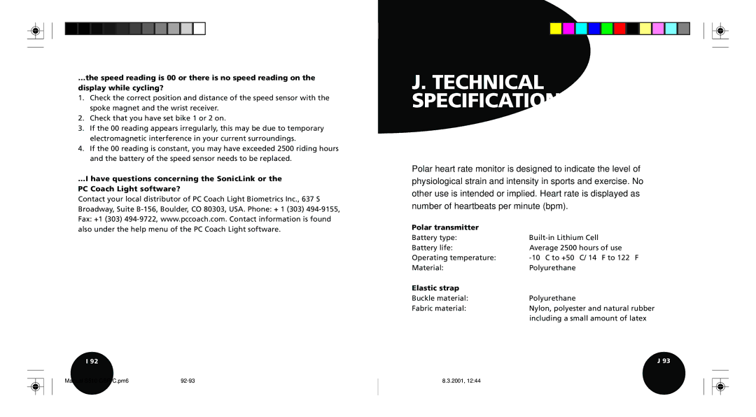 Polar S510 user manual Technical Specifications, Polar transmitter, Elastic strap 