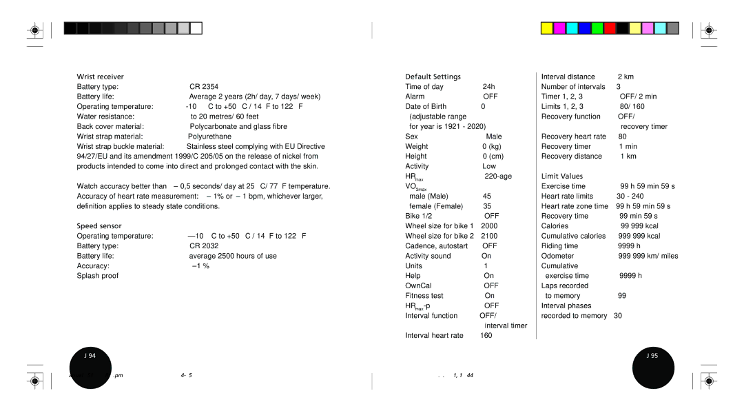 Polar S510 user manual Wrist receiver, Speed sensor, Default Settings, Limit Values 