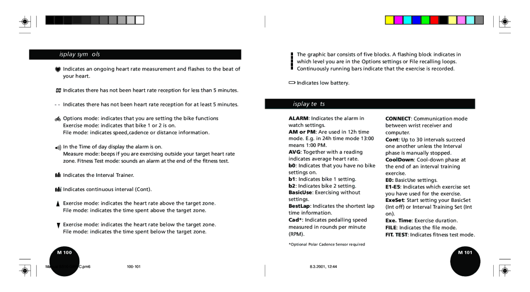 Polar S510 user manual Display symbols, Display texts 