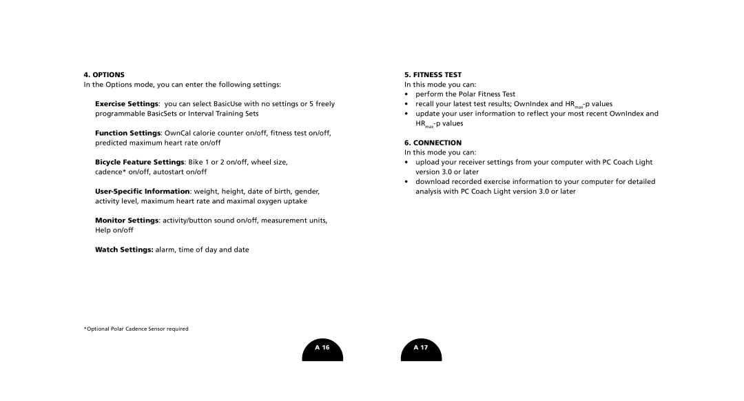 Polar S510, S520 manual Options 