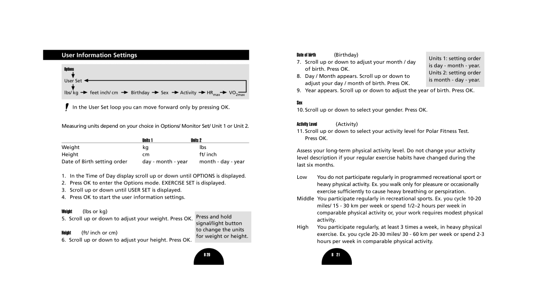 Polar S510, S520 manual User Information Settings, Units, Date of birth Birthday, Sex, Activity Level Activity 