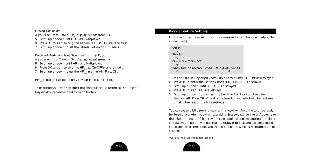 Polar S510, S520 manual Bicycle Feature Settings, Fitness Test on/off, Predicted Maximum Heart Rate on/off HRmax-p 