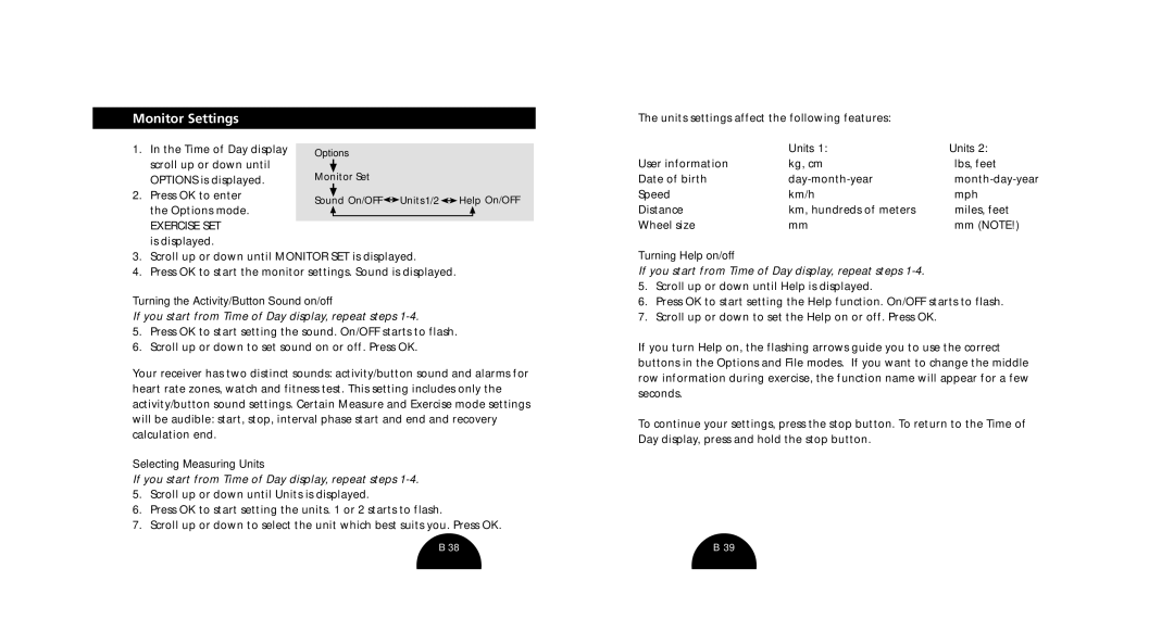 Polar S520 Monitor Settings, Turning the Activity/Button Sound on/off, Selecting Measuring Units, Turning Help on/off 