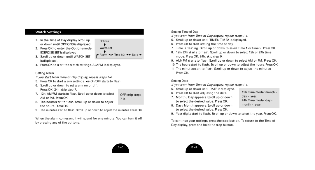 Polar S510, S520 manual Watch Settings, Setting Time of Day, Setting Alarm, Setting Date 