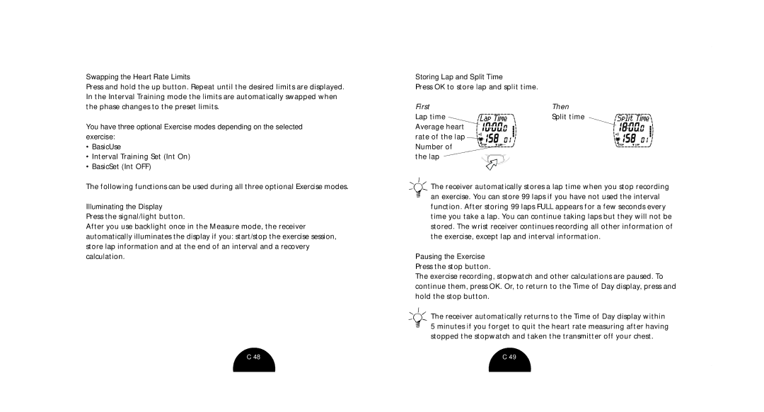 Polar S520 Swapping the Heart Rate Limits, Illuminating the Display, Storing Lap and Split Time, Pausing the Exercise 