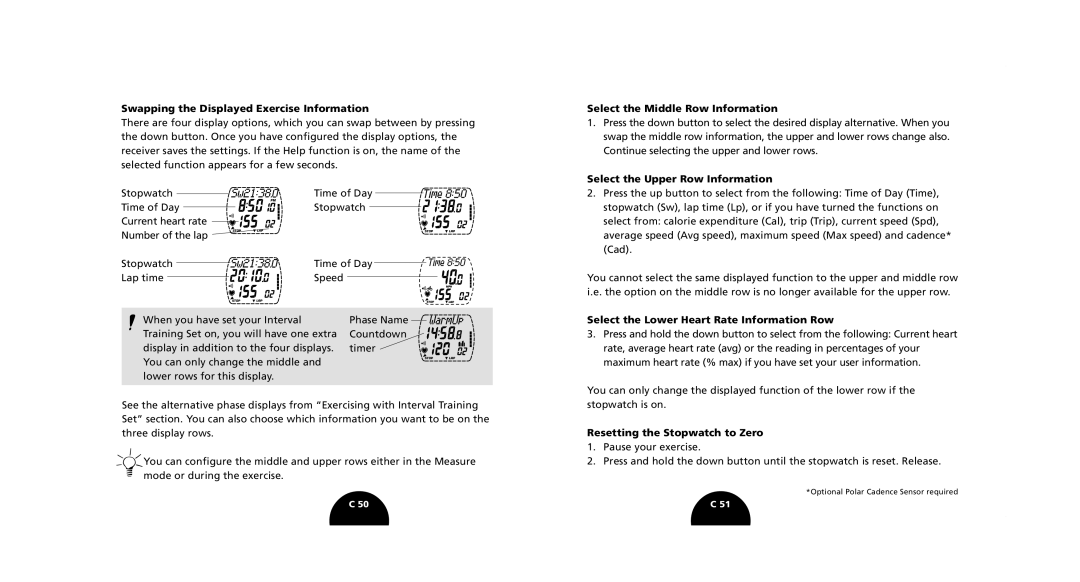 Polar S510 Swapping the Displayed Exercise Information, Select the Middle Row Information, Resetting the Stopwatch to Zero 