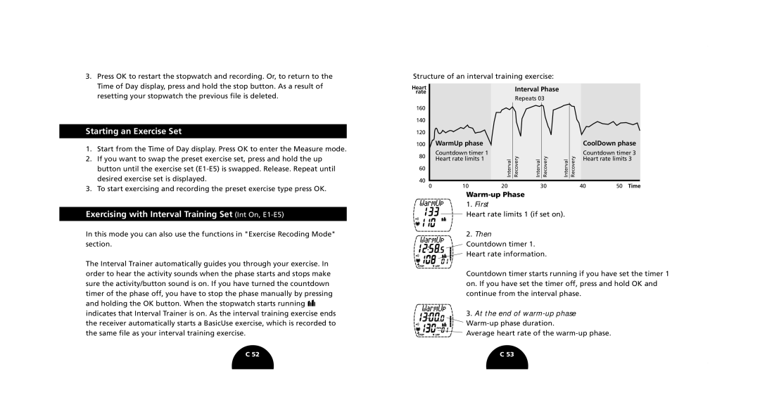 Polar S520, S510 manual Starting an Exercise Set, Exercising with Interval Training Set Int On, E1-E5, Warm-up Phase 