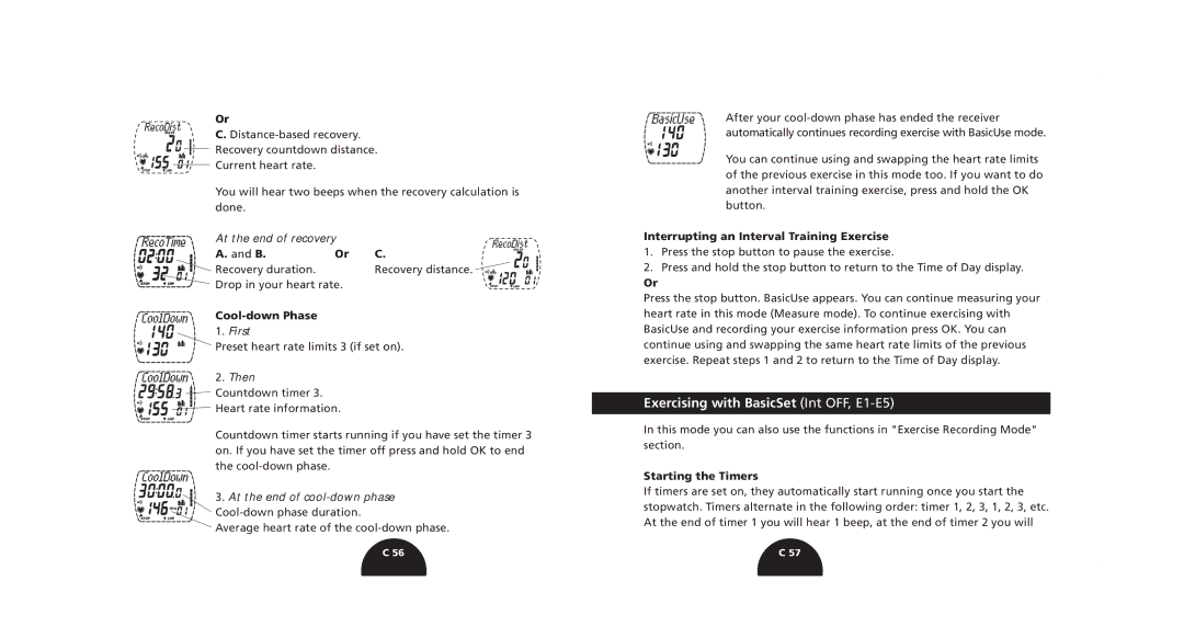 Polar S520, S510 manual Exercising with BasicSet Int OFF, E1-E5, Recovery duration, Cool-down Phase, Starting the Timers 