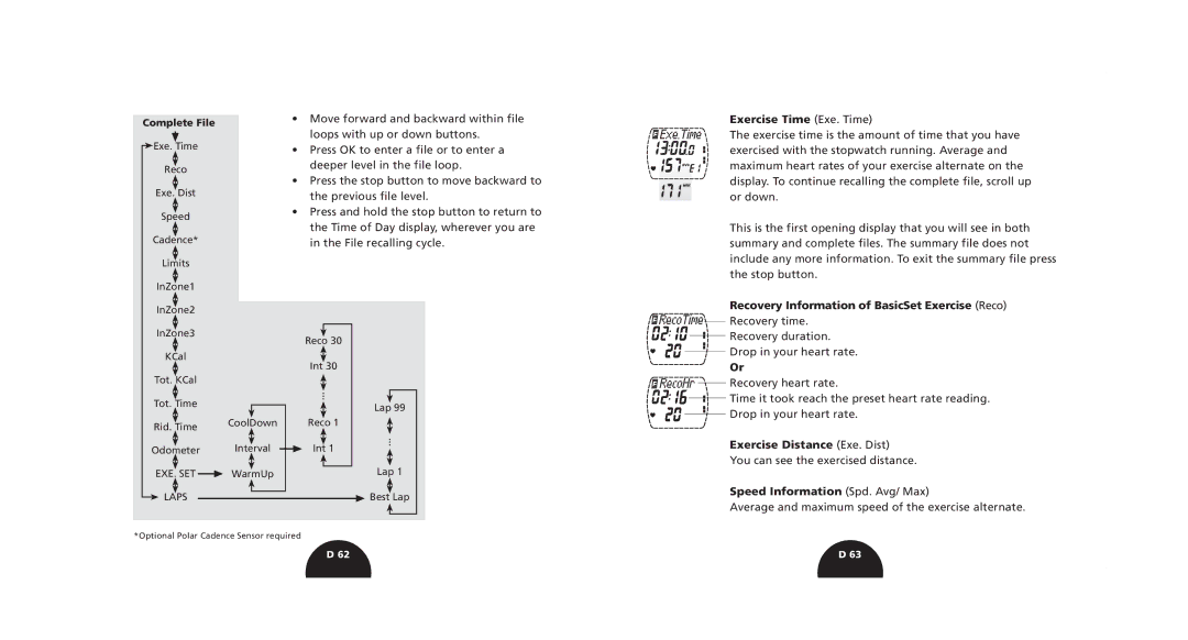 Polar S510, S520 manual Exercise Time Exe. Time, Recovery Information of BasicSet Exercise Reco, Exercise Distance Exe. Dist 