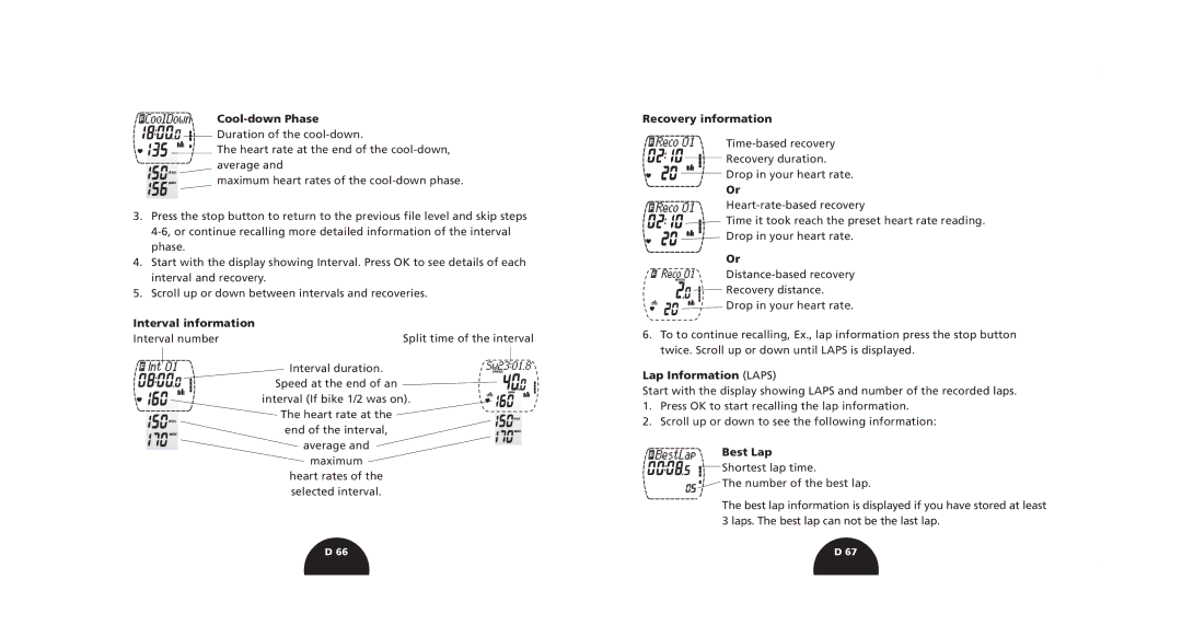 Polar S510, S520 manual Interval information, Recovery information, Lap Information Laps, Best Lap 