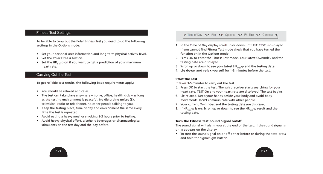 Polar S520, S510 Fitness Test Settings, Carrying Out the Test, Start the Test, Turn the Fitness Test Sound Signal on/off 