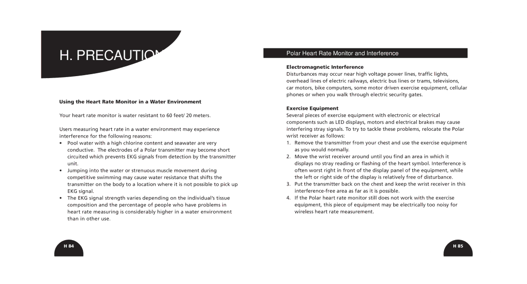 Polar S520 Precautions, Polar Heart Rate Monitor and Interference, Using the Heart Rate Monitor in a Water Environment 