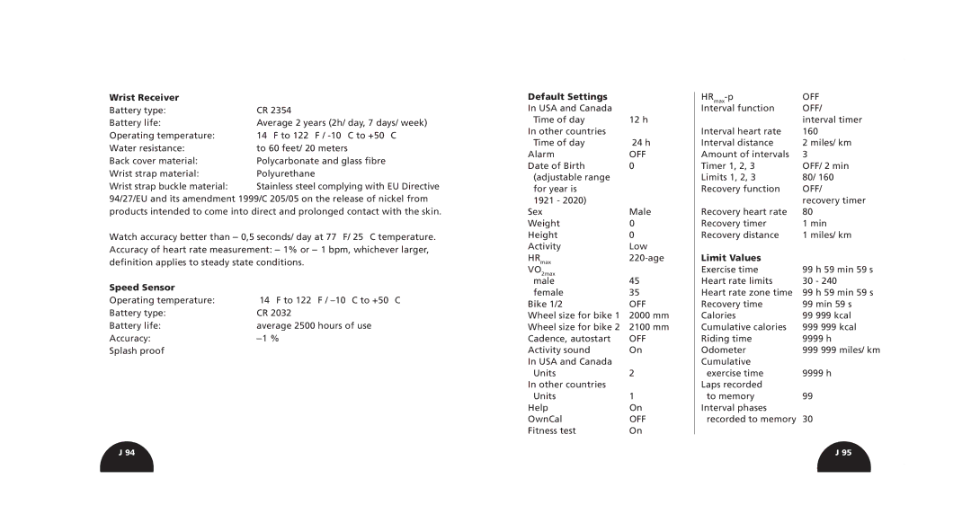 Polar S510, S520 manual Speed Sensor, Default Settings, Limit Values 