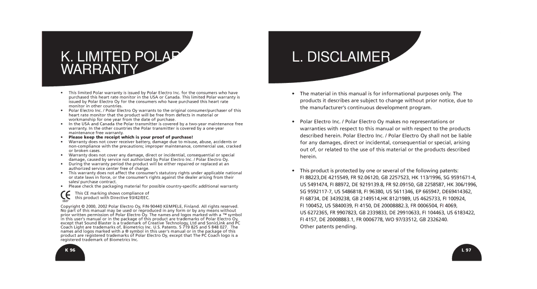 Polar S520, S510 manual Limited Polar Warranty, Disclaimer 