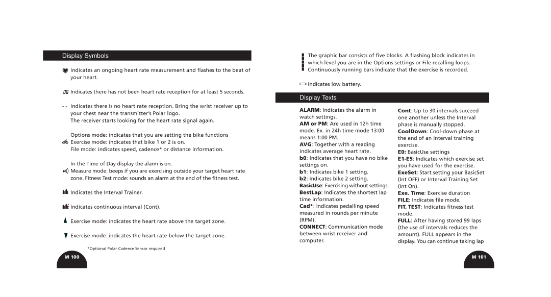 Polar S520, S510 manual Display Symbols, Display Texts 