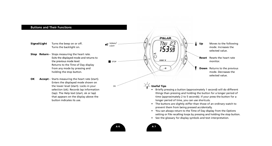 Polar S520, S510 manual Buttons and Their Functions, Stop, Useful Tips 