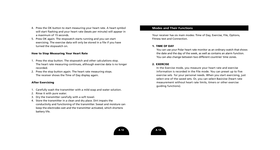 Polar S510, S520 manual Modes and Their Functions, How to Stop Measuring Your Heart Rate, After Exercising 