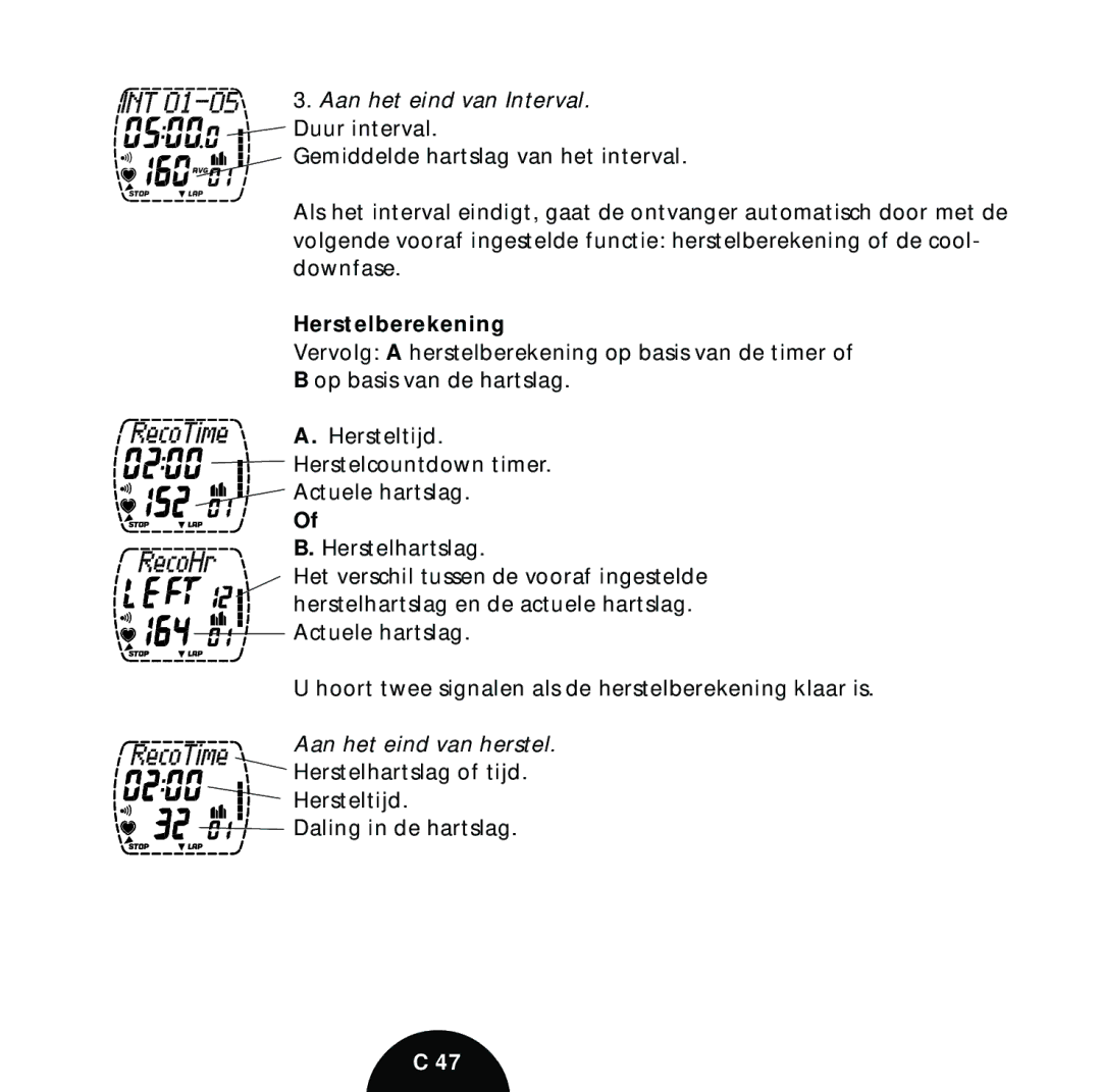 Polar S610 manual Aan het eind van Interval. Duur interval, Herstelberekening 