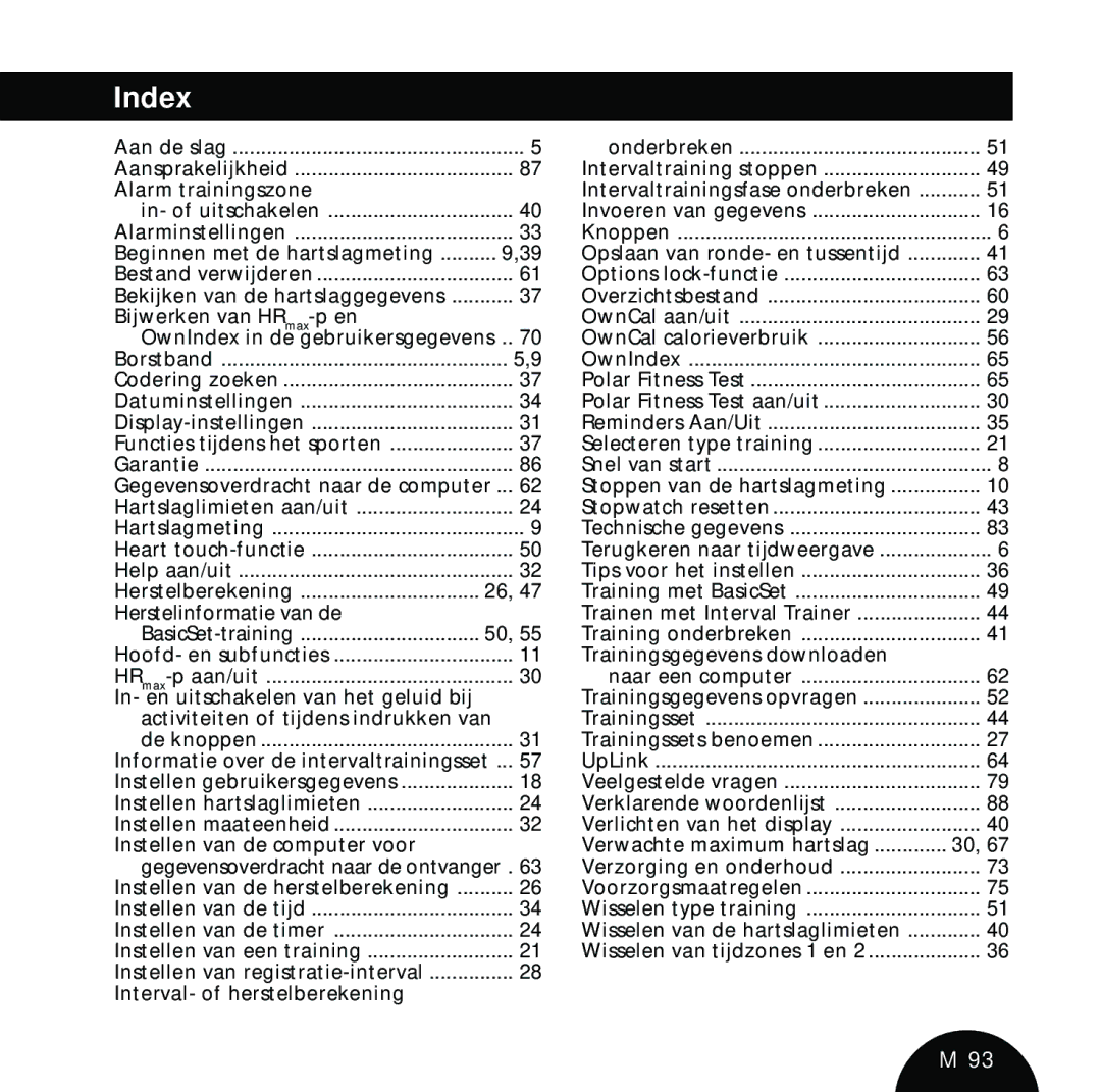 Polar S610 manual Index, Alarm trainingszone 