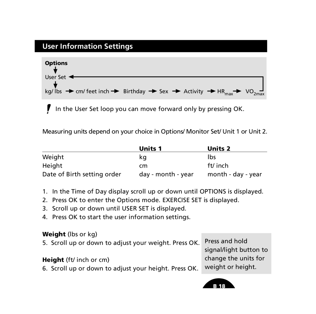 Polar S610i user manual User Information Settings, Units 