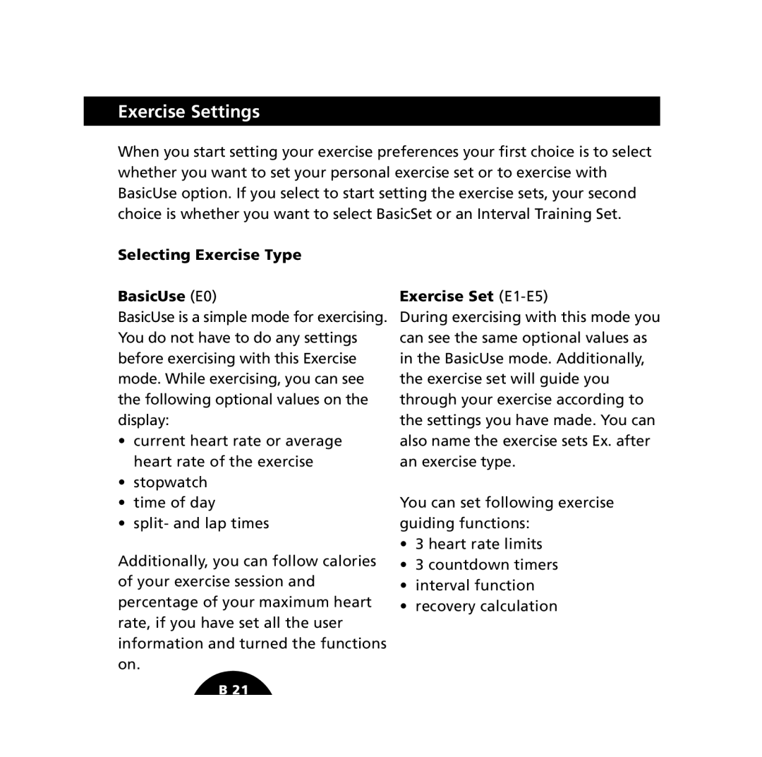 Polar S610i user manual Exercise Settings, Selecting Exercise Type BasicUse E0, Exercise Set E1-E5 