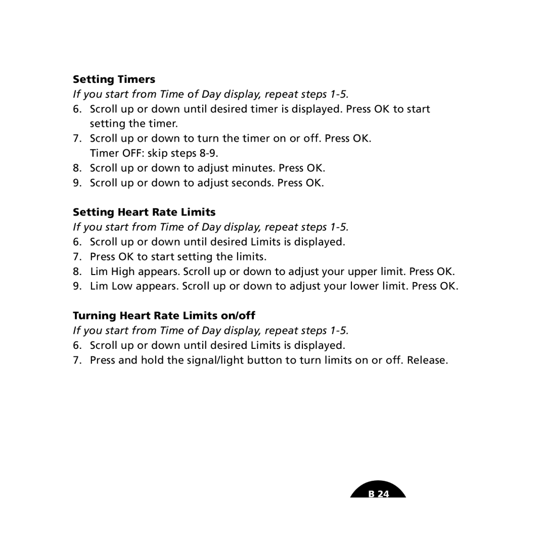 Polar S610i user manual Setting Timers, Setting Heart Rate Limits, Turning Heart Rate Limits on/off 