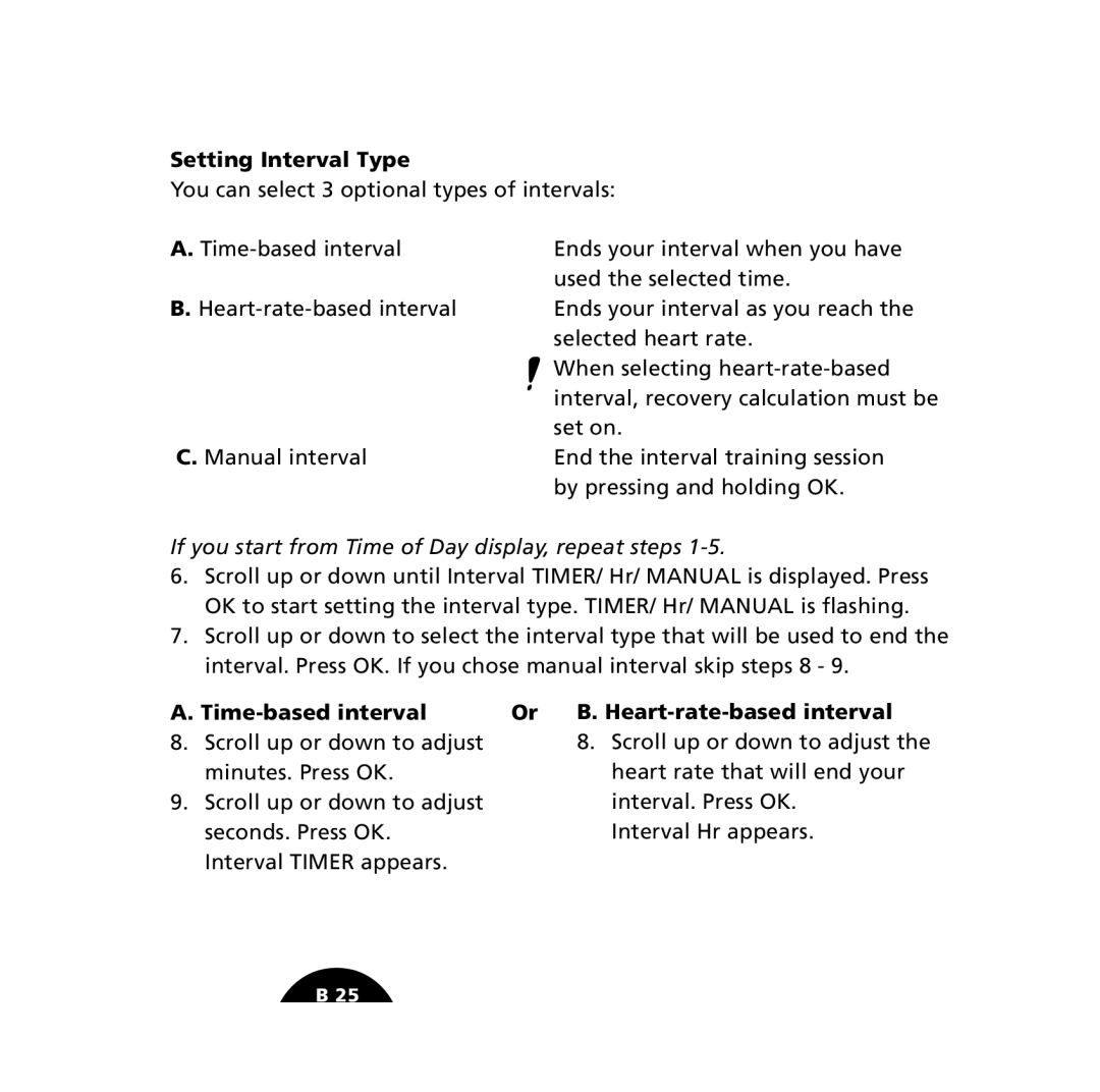 Polar S610i user manual Setting Interval Type, Time-based interval Or B. Heart-rate-based interval 