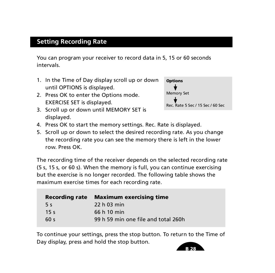 Polar S610i user manual Setting Recording Rate, Recording rate Maximum exercising time 