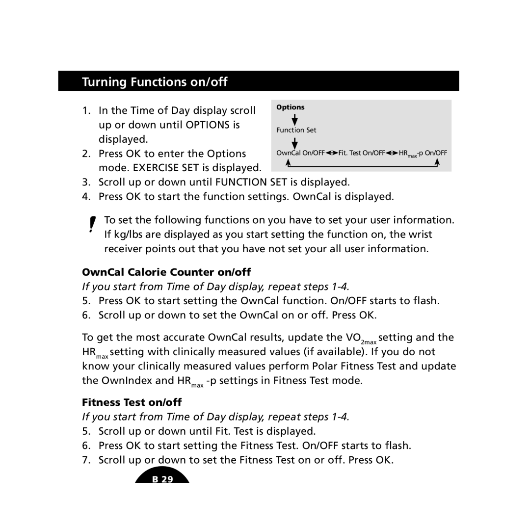 Polar S610i user manual Turning Functions on/off, OwnCal Calorie Counter on/off, Fitness Test on/off 