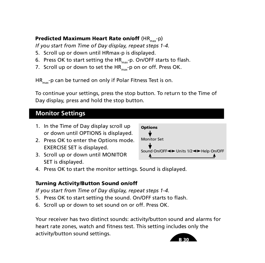 Polar S610i user manual Monitor Settings, Predicted Maximum Heart Rate on/off HRmax-p, Turning Activity/Button Sound on/off 