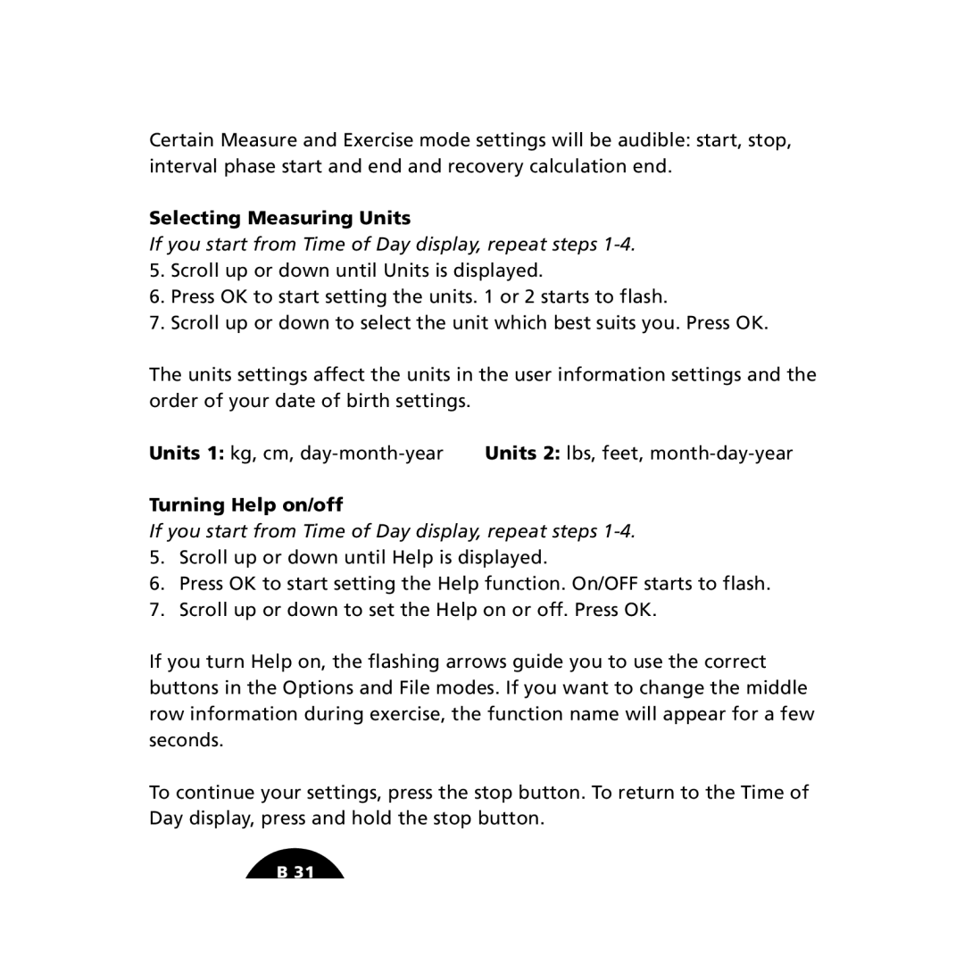 Polar S610i user manual Selecting Measuring Units, Turning Help on/off 