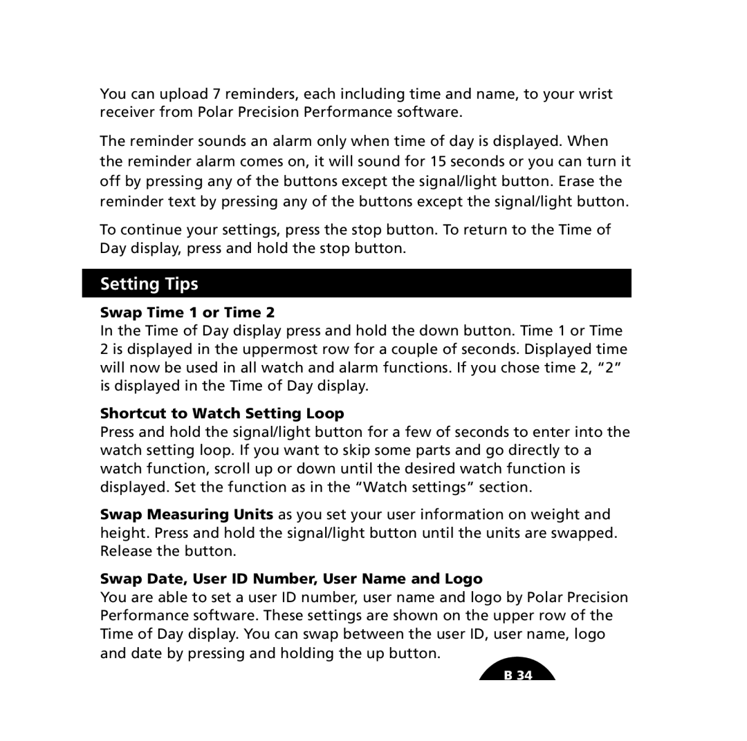 Polar S610i user manual Setting Tips, Swap Time 1 or Time, Shortcut to Watch Setting Loop 