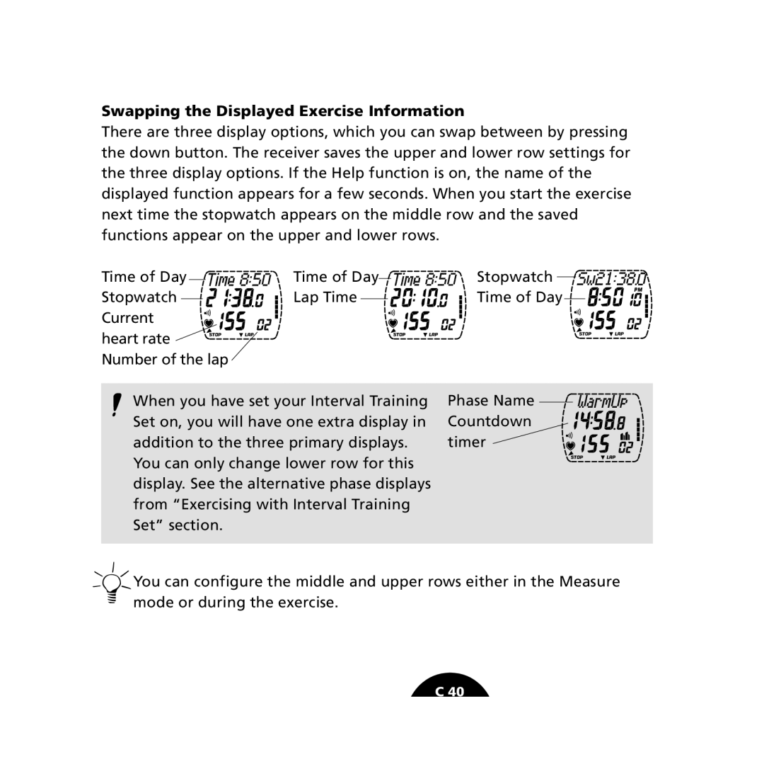 Polar S610i user manual Swapping the Displayed Exercise Information 