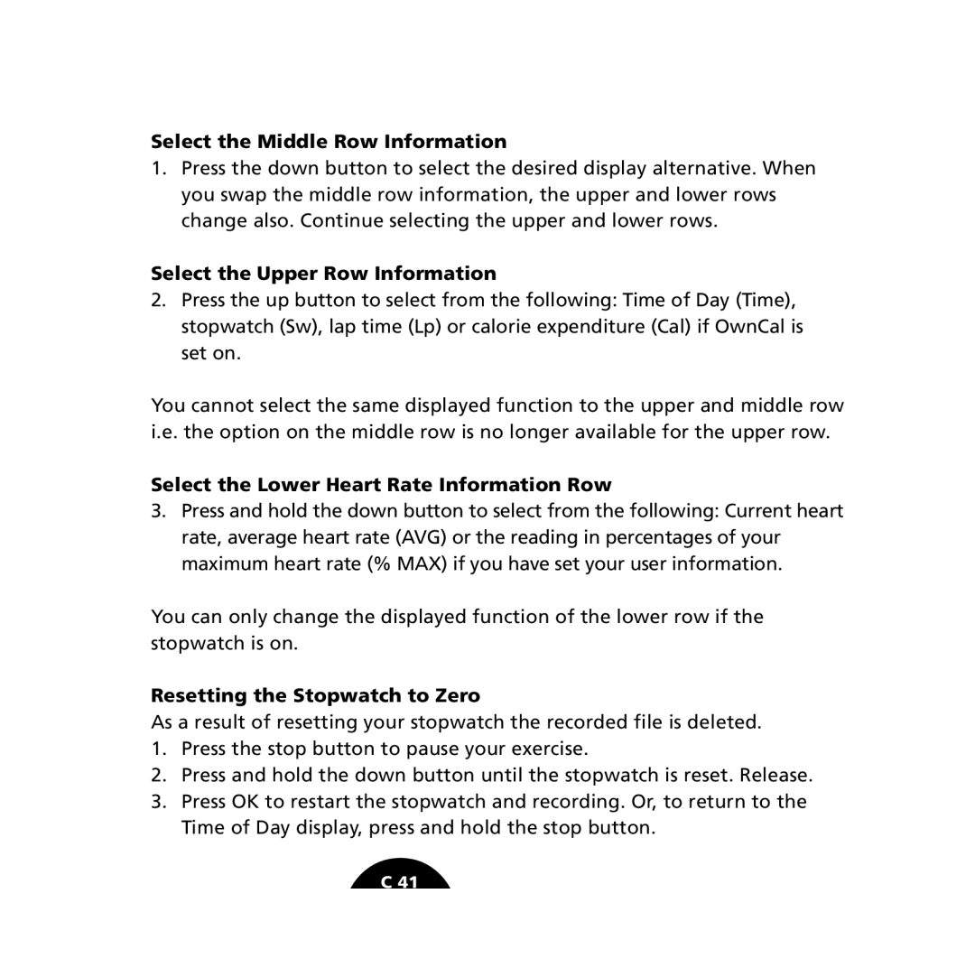 Polar S610i Select the Middle Row Information, Select the Upper Row Information, Resetting the Stopwatch to Zero 