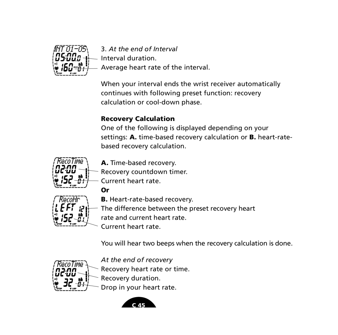 Polar S610i user manual At the end of Interval Interval duration, Recovery Calculation 