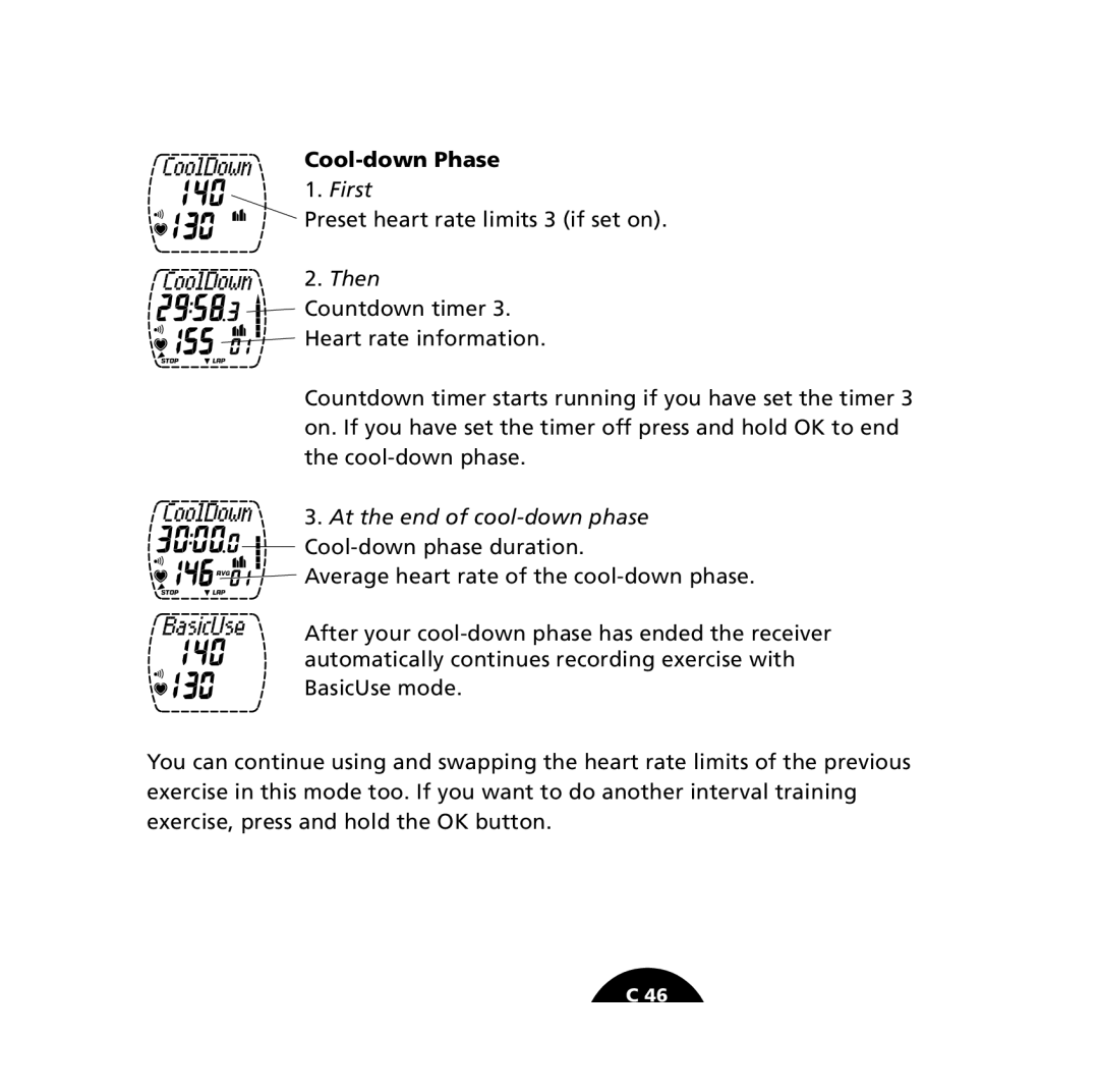 Polar S610i user manual Cool-down Phase, At the end of cool-down phase Cool-down phase duration 