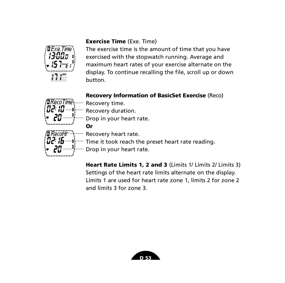 Polar S610i user manual Exercise Time Exe. Time, Recovery Information of BasicSet Exercise Reco 