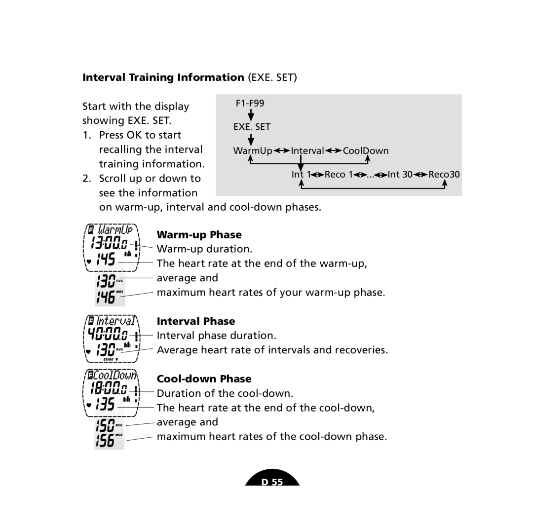 Polar S610i user manual Interval Training Information EXE. SET, Warm-up Phase 