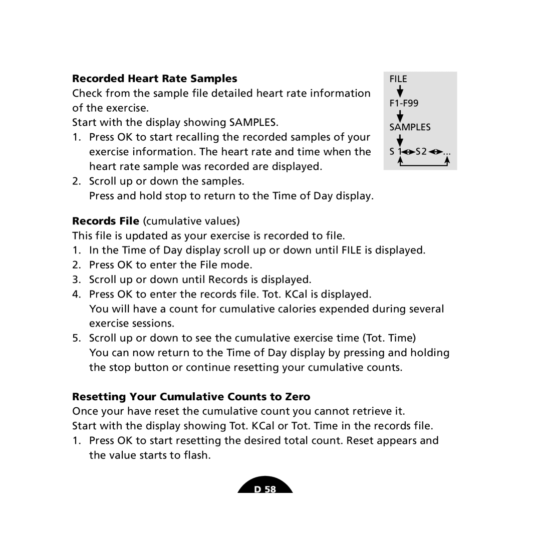 Polar S610i user manual Recorded Heart Rate Samples, Resetting Your Cumulative Counts to Zero 