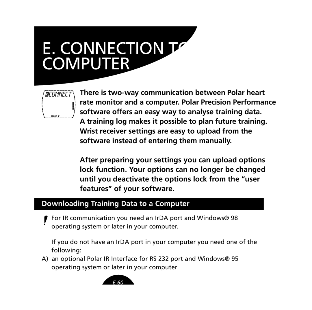 Polar S610i user manual Connection to Computer, Downloading Training Data to a Computer 