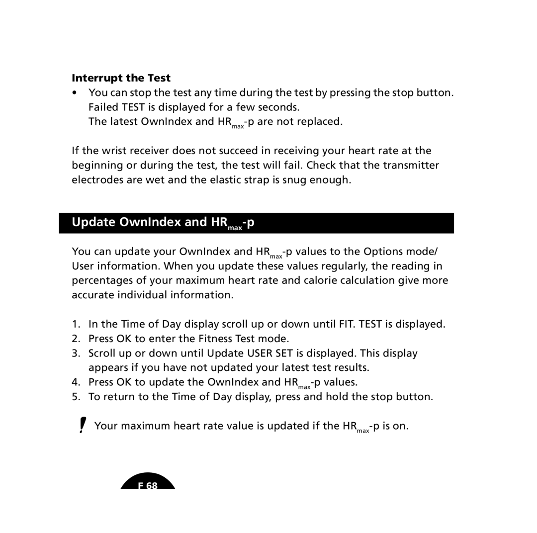 Polar S610i user manual Update OwnIndex and HRmax-p, Interrupt the Test 