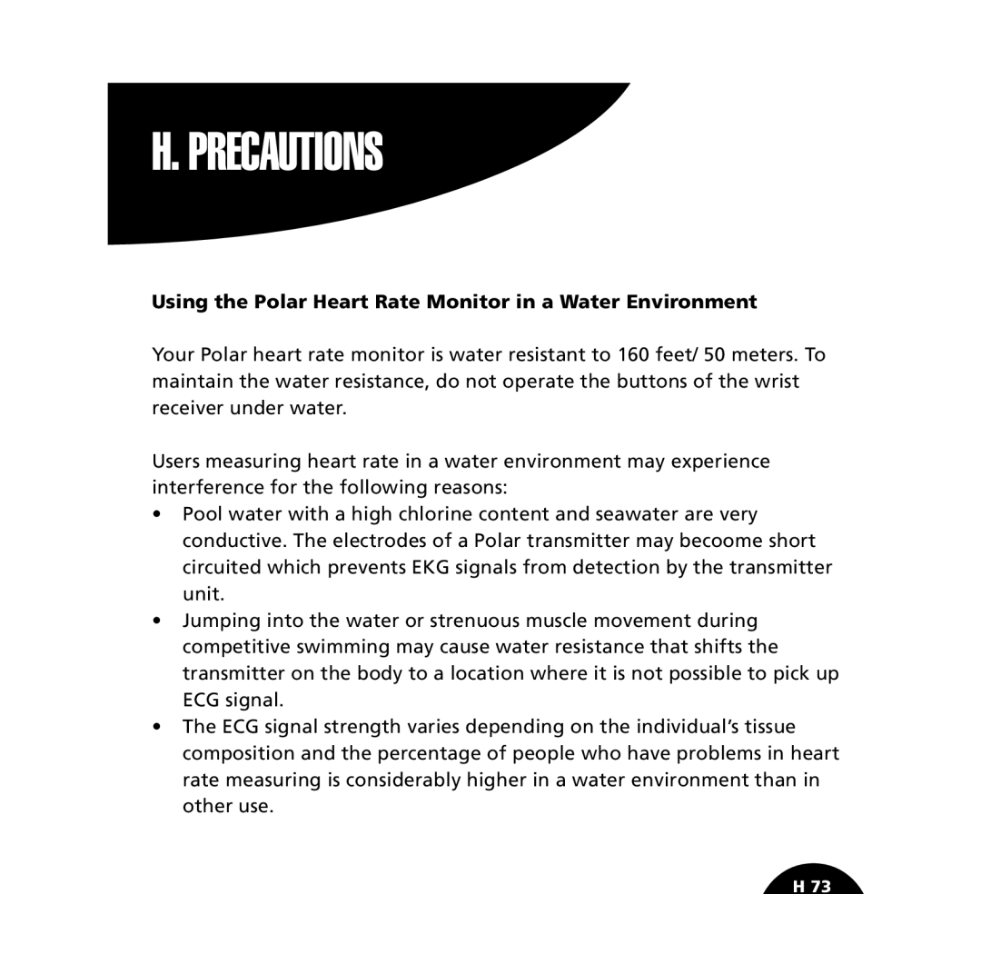 Polar S610i user manual Precautions, Using the Polar Heart Rate Monitor in a Water Environment 