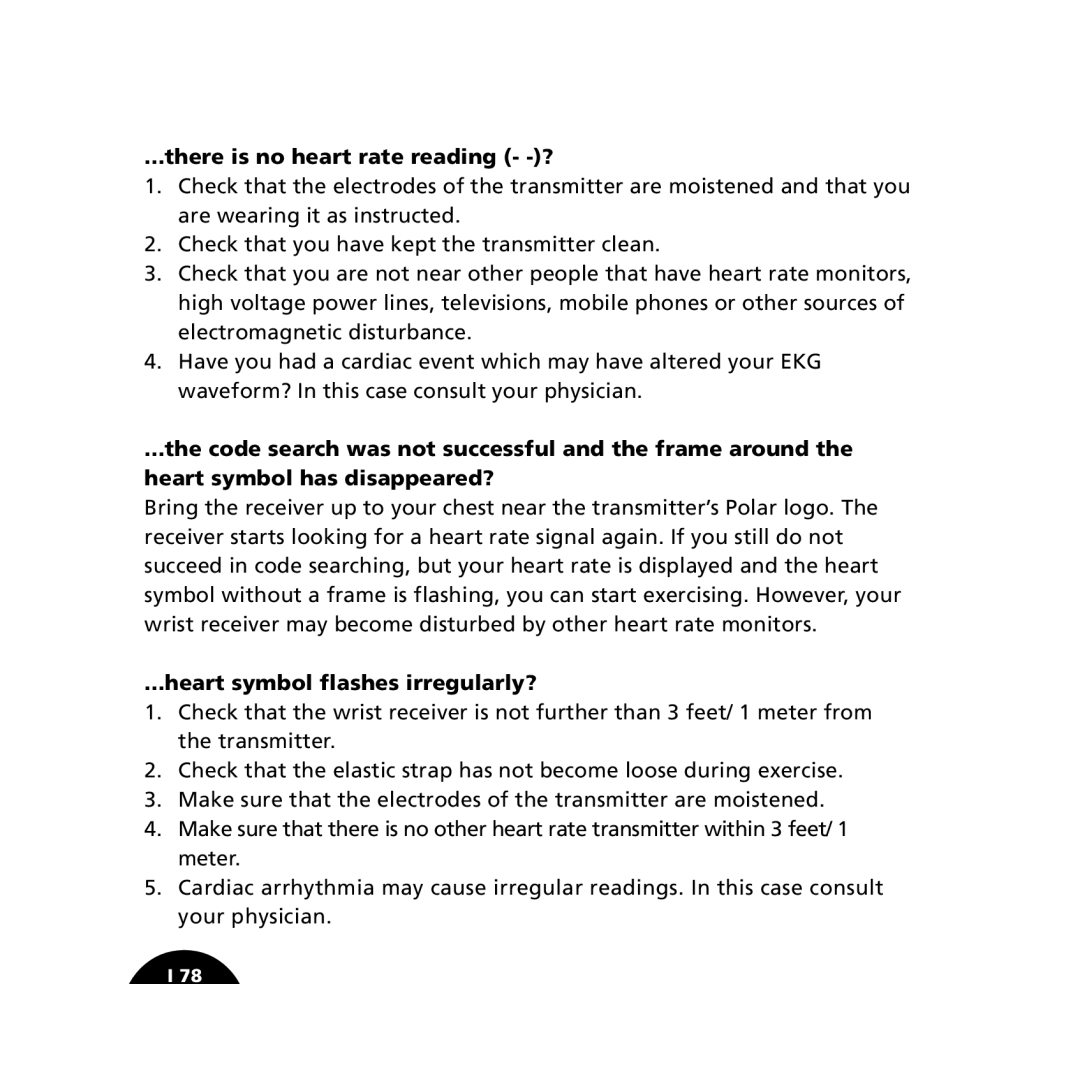 Polar S610i user manual There is no heart rate reading -?, Heart symbol flashes irregularly? 