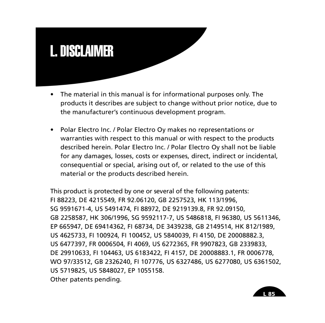 Polar S610i user manual Disclaimer 