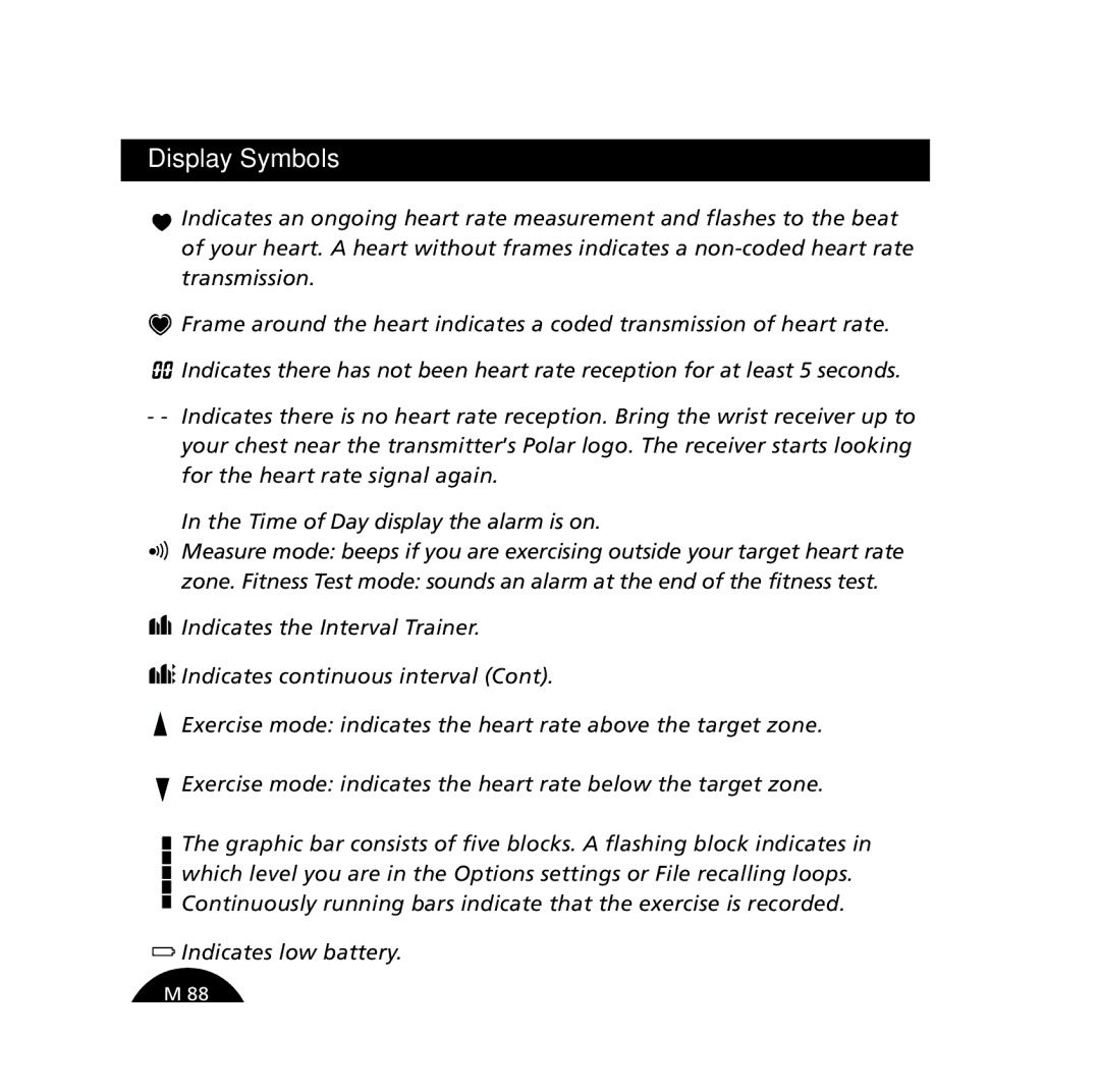 Polar S610i user manual Display Symbols 