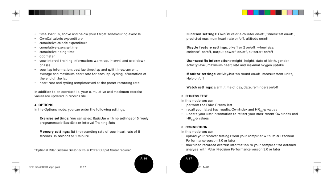 Polar S710 user manual Options 