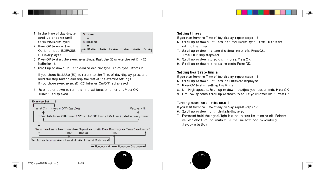 Polar S710 user manual Setting timers, Setting heart rate limits, Turning heart rate limits on/off 