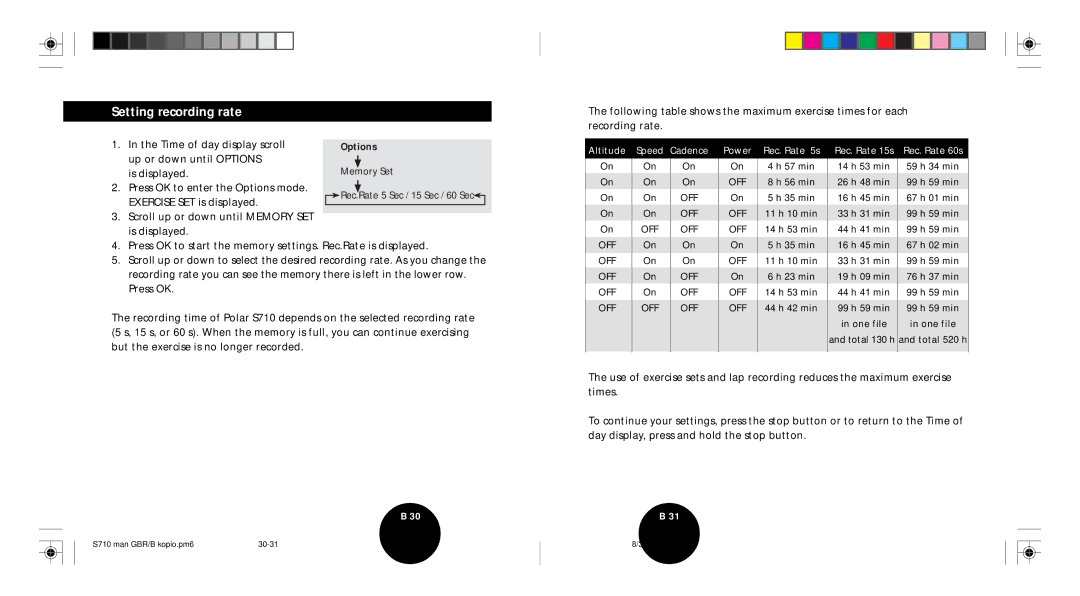 Polar S710 user manual Setting recording rate, Rec. Rate 60s 