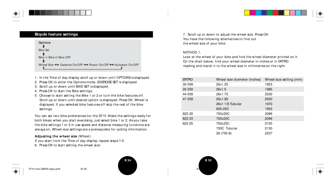 Polar S710 user manual Bicycle feature settings, Adjusting the wheel size Wheel 