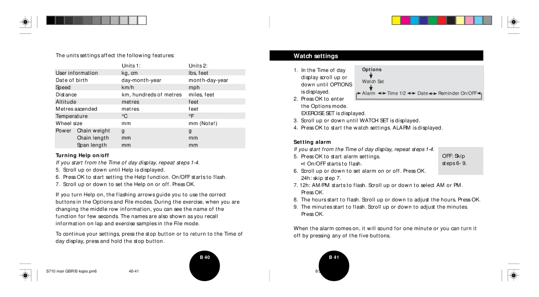 Polar S710 user manual Watch settings, Turning Help on/off, Setting alarm 